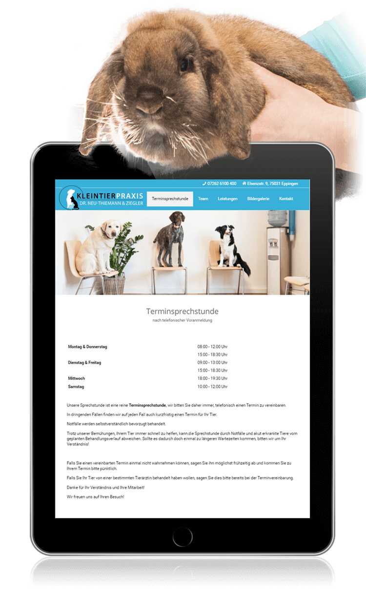 Neue Webseite der Kleintierpraxis auf Tablet